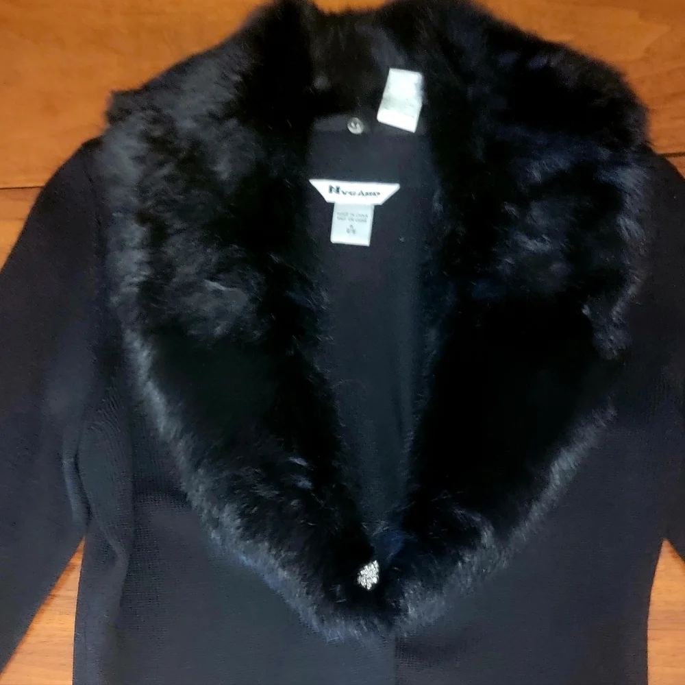 NWT Vintage NYgard Collection Black Cardigan Small Genuine Rabbit Fur Collar